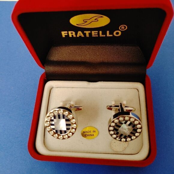 MEN'S FRATELLO SILVER, ROYAL, WHITE CIRCULAR CUFFLINKS SURRONDED BY CLEAR STONES - Picture 1 of 2